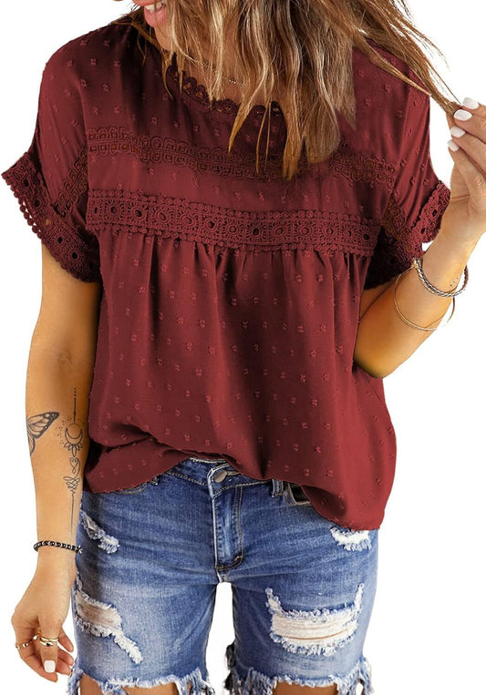Dokotoo Womens Summer Tops Crewneck Lace Crochet Short Sleeve Shirts Casual Chiffon Blouses