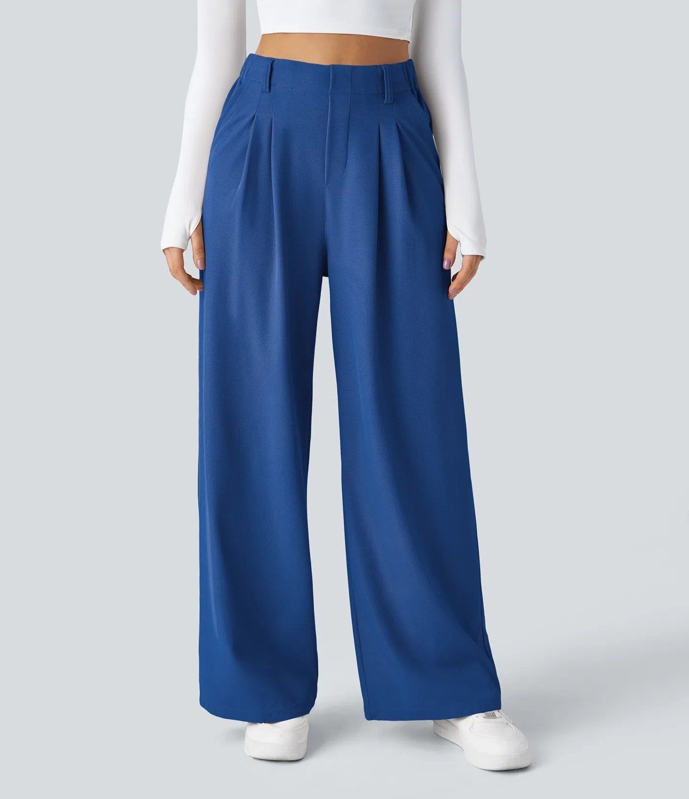 High Waisted Plicated Side Pocket Wide Leg Waffle Work Pants