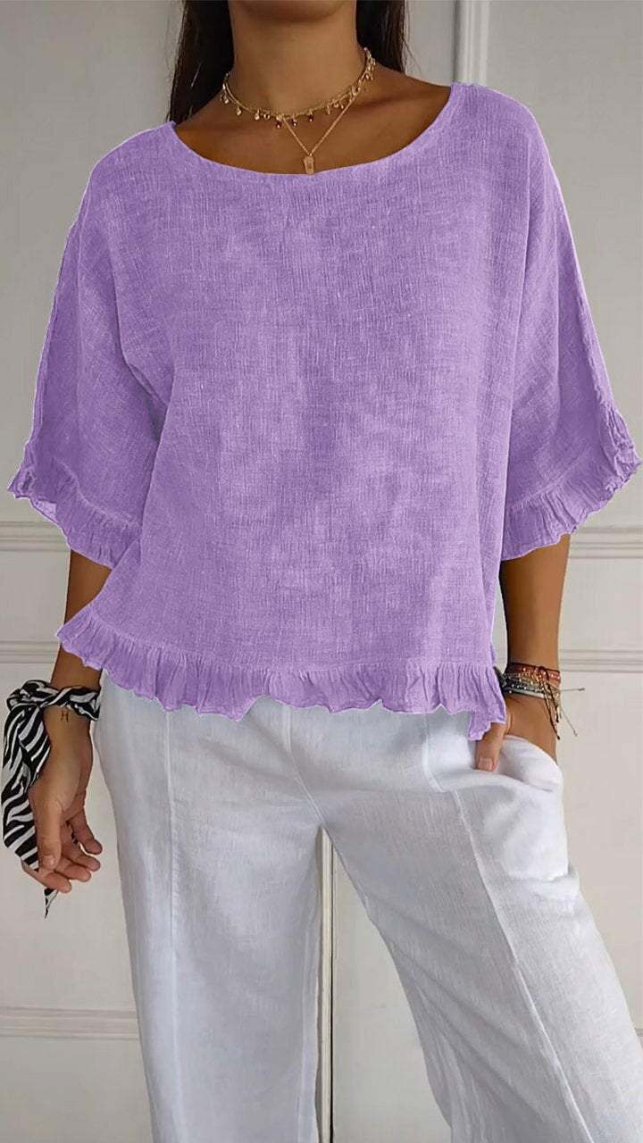 New women's Round Neck Ruffled Hem Mid-sleeve Cotton and Linen Tops