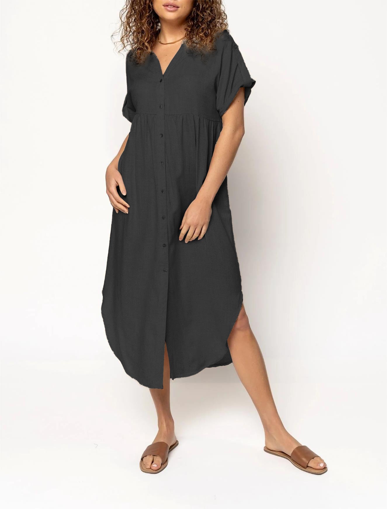 Women's Button Long Pocket Dress Slit Hem