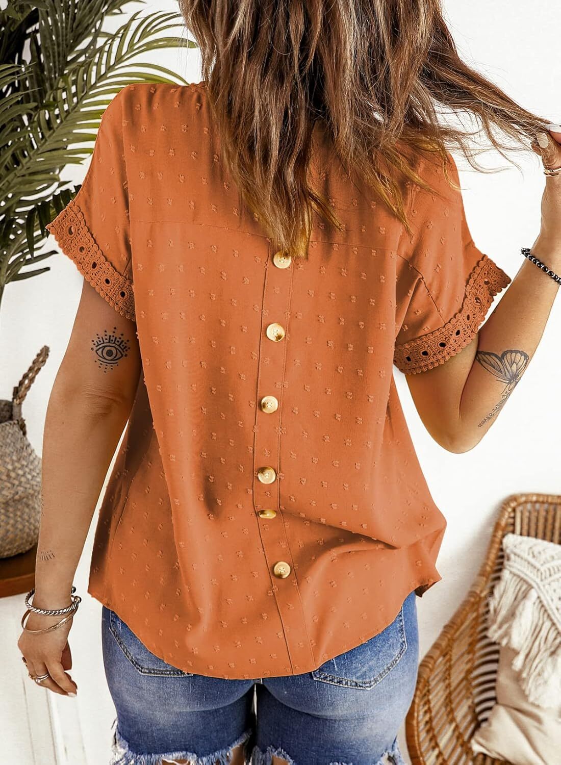 Dokotoo Womens Summer Tops Crewneck Lace Crochet Short Sleeve Shirts Casual Chiffon Blouses