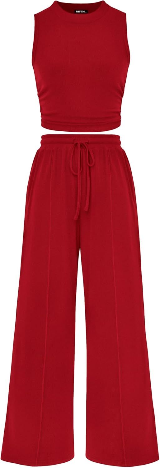 Women's Summer Beach Round Neck Sleeveless Cropped Top Elastic Waist Wide Leg Pants Lounge Set