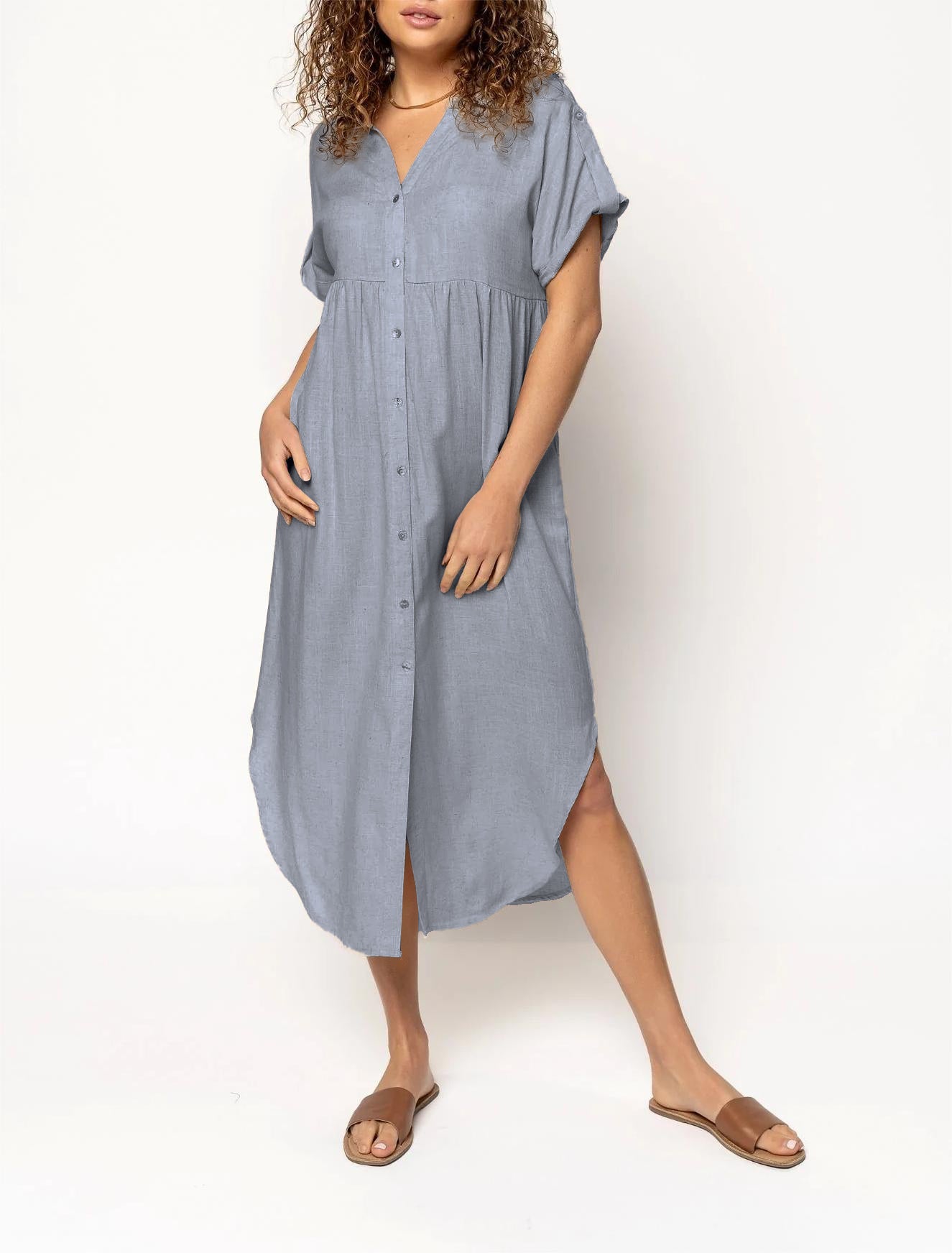 Women's Button Long Pocket Dress Slit Hem