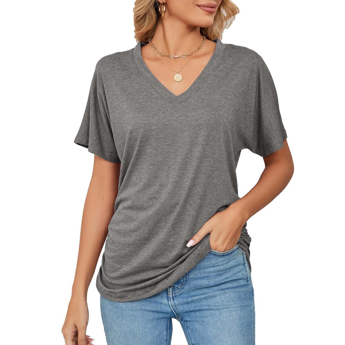 New Women's Solid Color V Neck Casual Tops