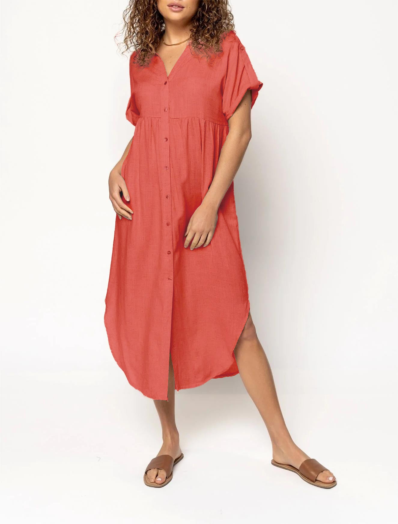 Women's Button Long Pocket Dress Slit Hem