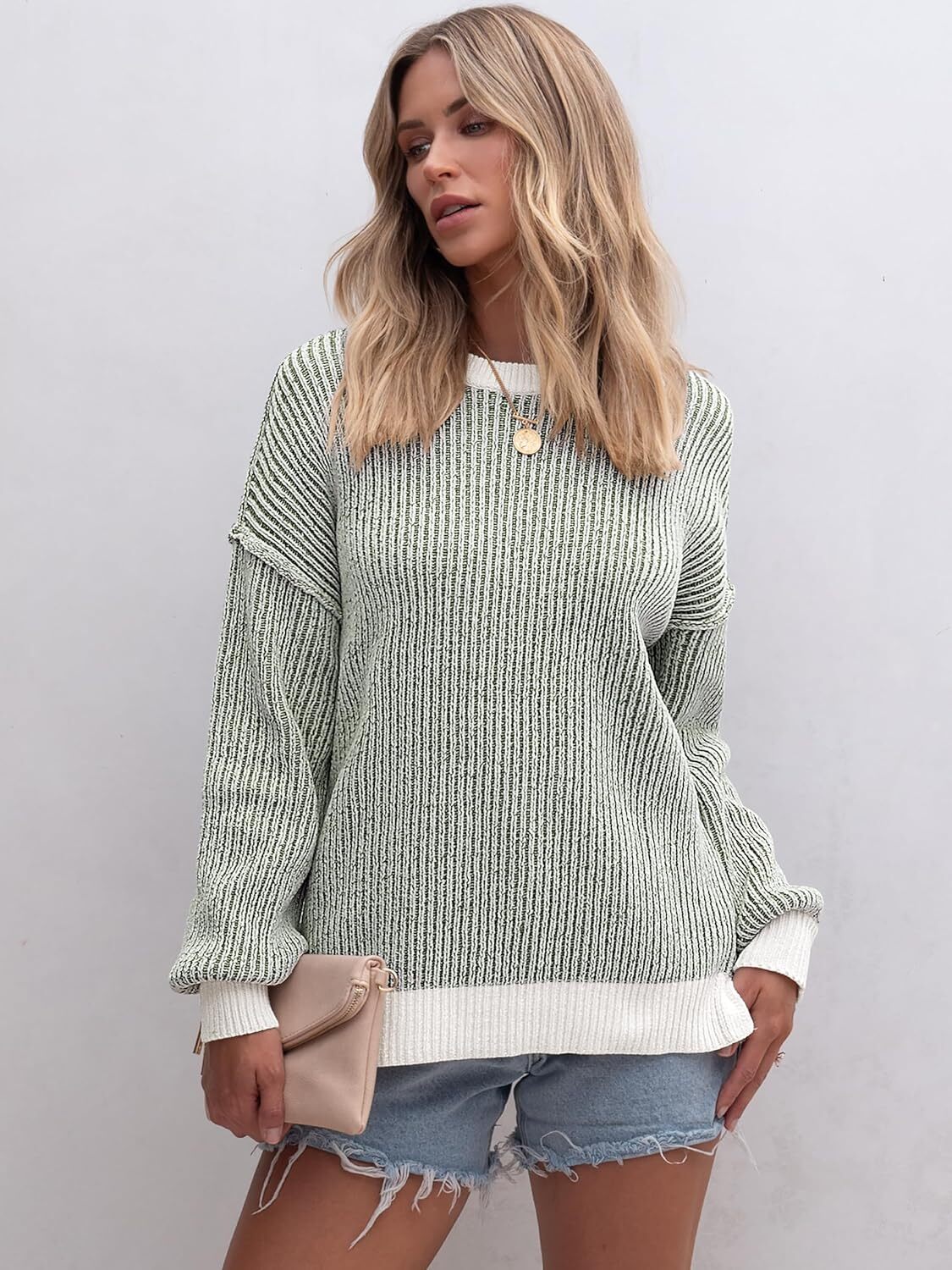 Womens Sweaters Crewneck Long Sleeve Color Block Pullover Loose Ribbed Knit Sweater Tops 2024 Fall Trendy Outfits
