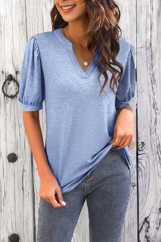 Womens V Neck T Shirts Casual Puff Sleeve Loose Dressy Blouses Summer Tops