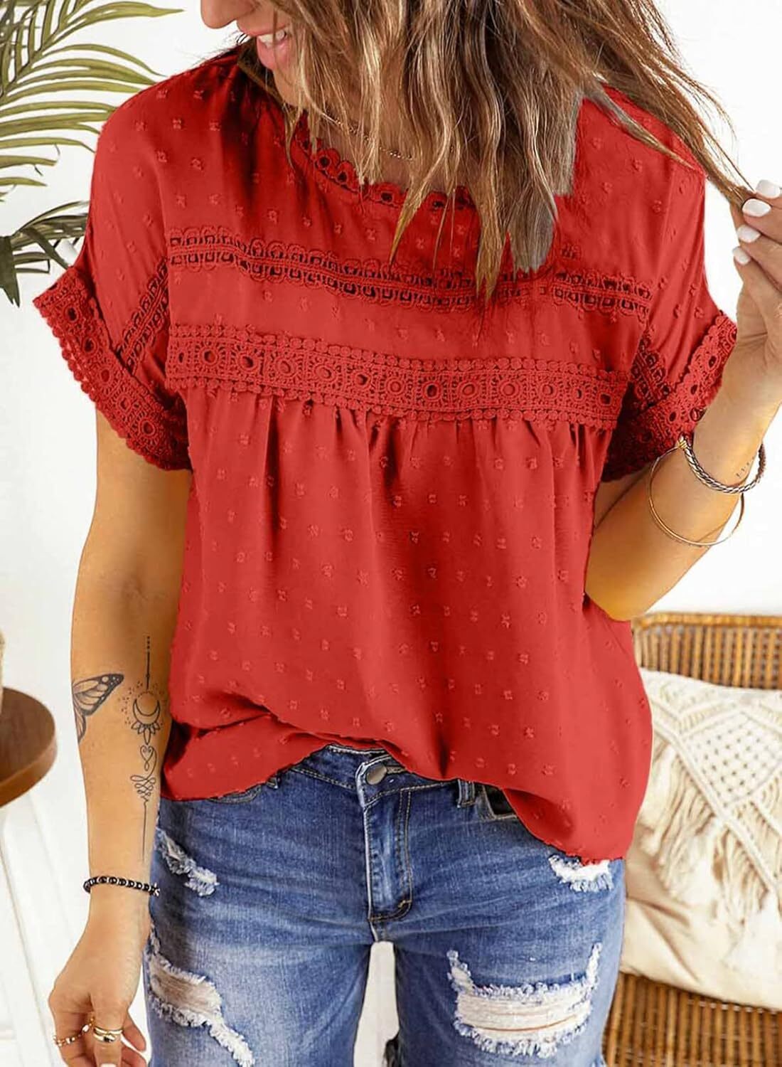 Dokotoo Womens Summer Tops Crewneck Lace Crochet Short Sleeve Shirts Casual Chiffon Blouses