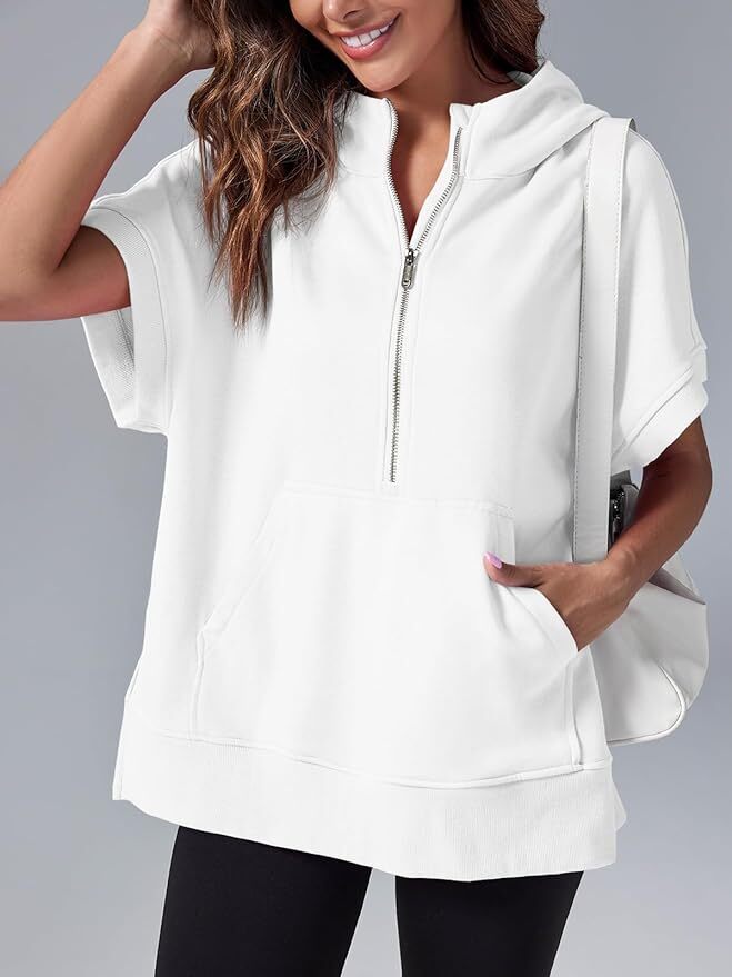 Oversized Casual Half Zip Short Sleeve Pullover Tops with Pockets(Buy 2 Free Shipping)