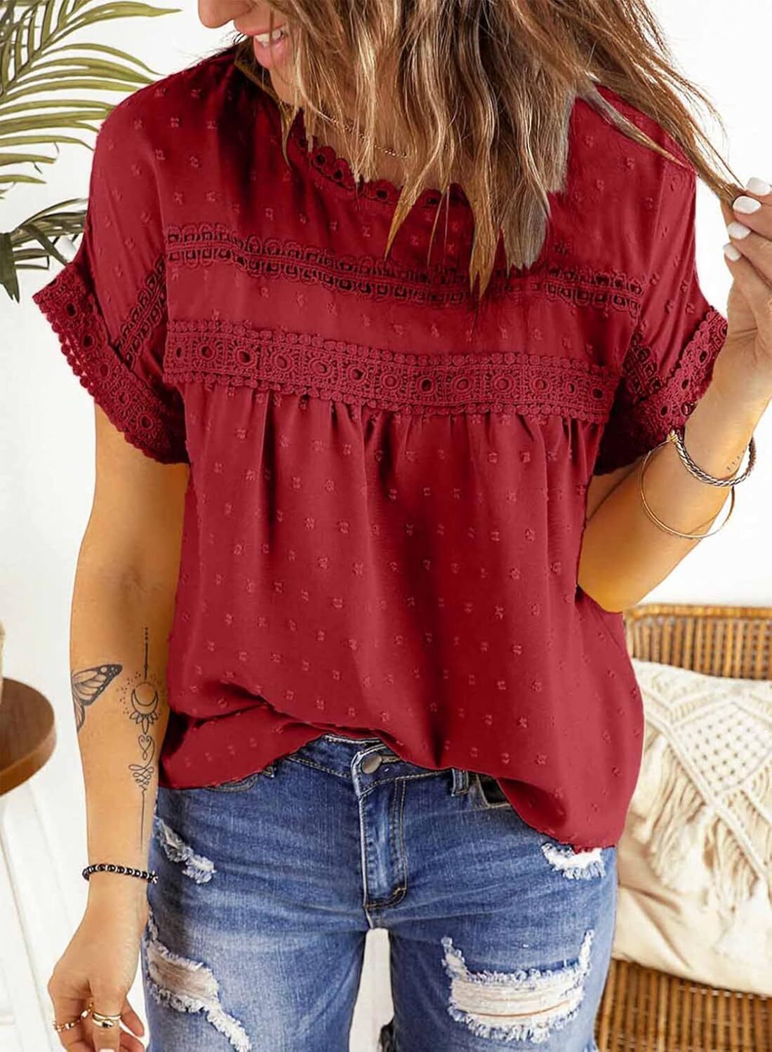 Dokotoo Womens Summer Tops Crewneck Lace Crochet Short Sleeve Shirts Casual Chiffon Blouses