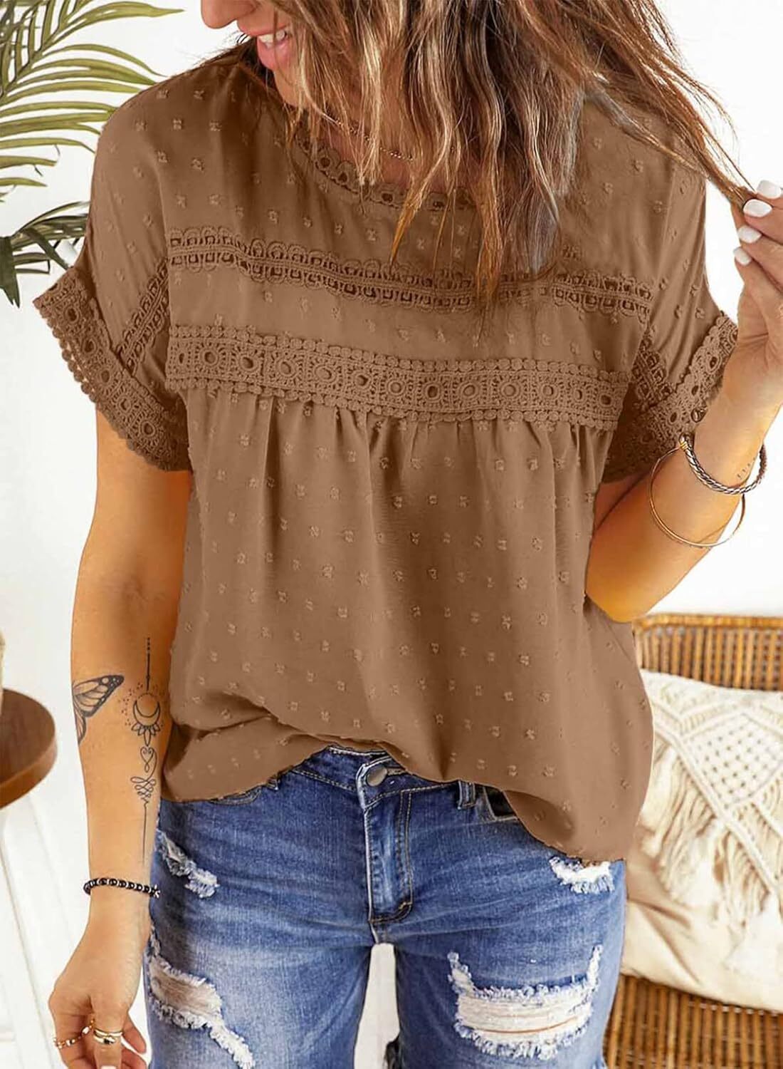 Dokotoo Womens Summer Tops Crewneck Lace Crochet Short Sleeve Shirts Casual Chiffon Blouses