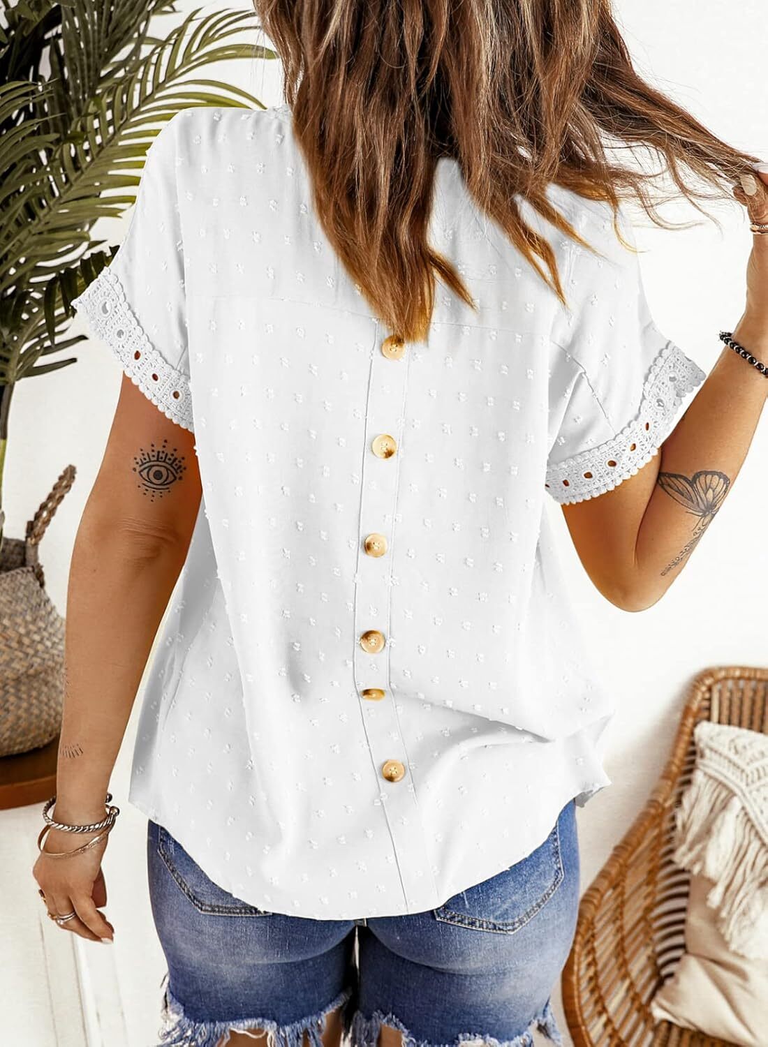 Dokotoo Womens Summer Tops Crewneck Lace Crochet Short Sleeve Shirts Casual Chiffon Blouses