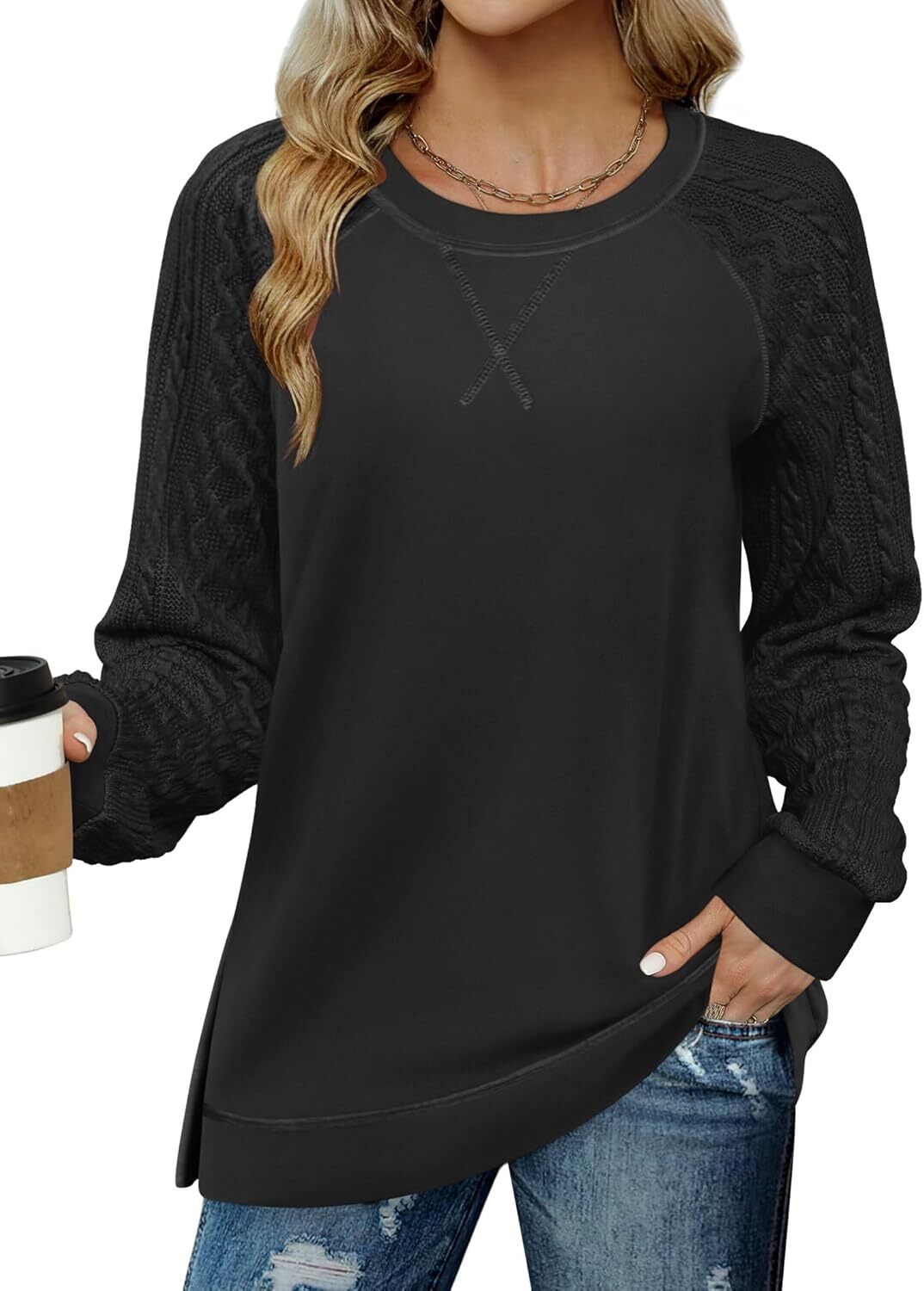 Womens  Lightweight Cable Knit Sleeve Shirts Trendy Fall Tunic Tops