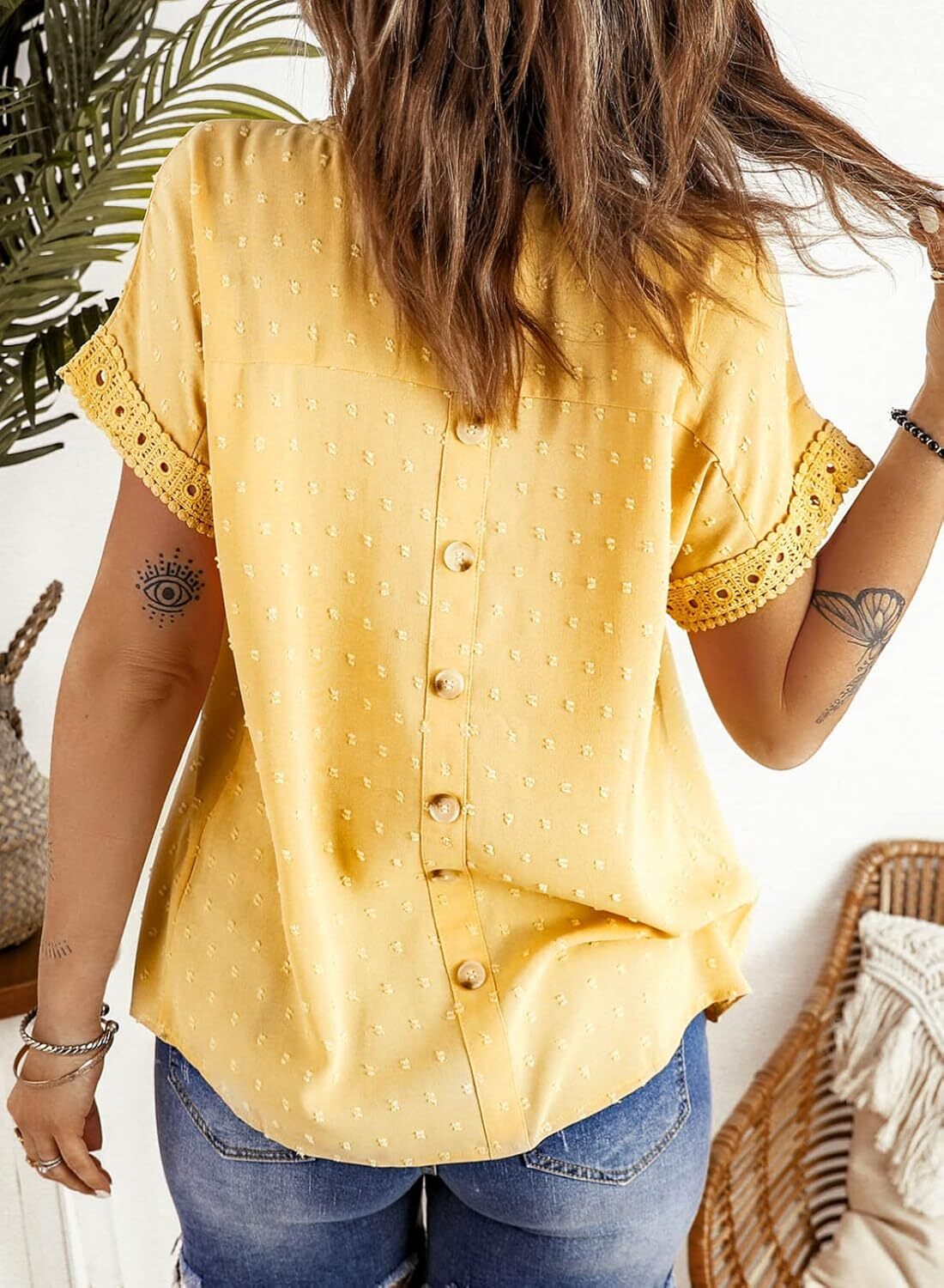 Dokotoo Womens Summer Tops Crewneck Lace Crochet Short Sleeve Shirts Casual Chiffon Blouses