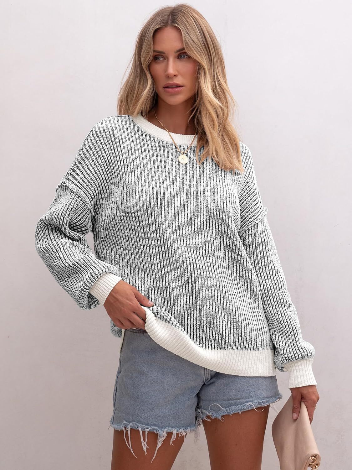 Womens Sweaters Crewneck Long Sleeve Color Block Pullover Loose Ribbed Knit Sweater Tops 2024 Fall Trendy Outfits