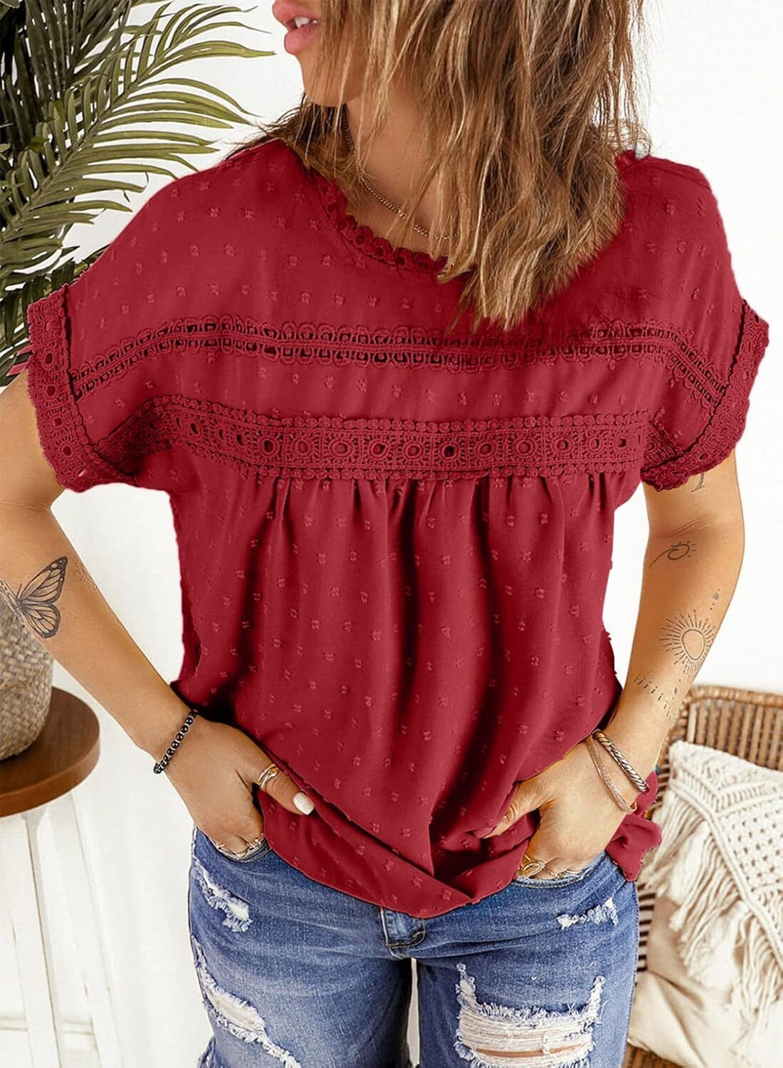 Dokotoo Womens Summer Tops Crewneck Lace Crochet Short Sleeve Shirts Casual Chiffon Blouses