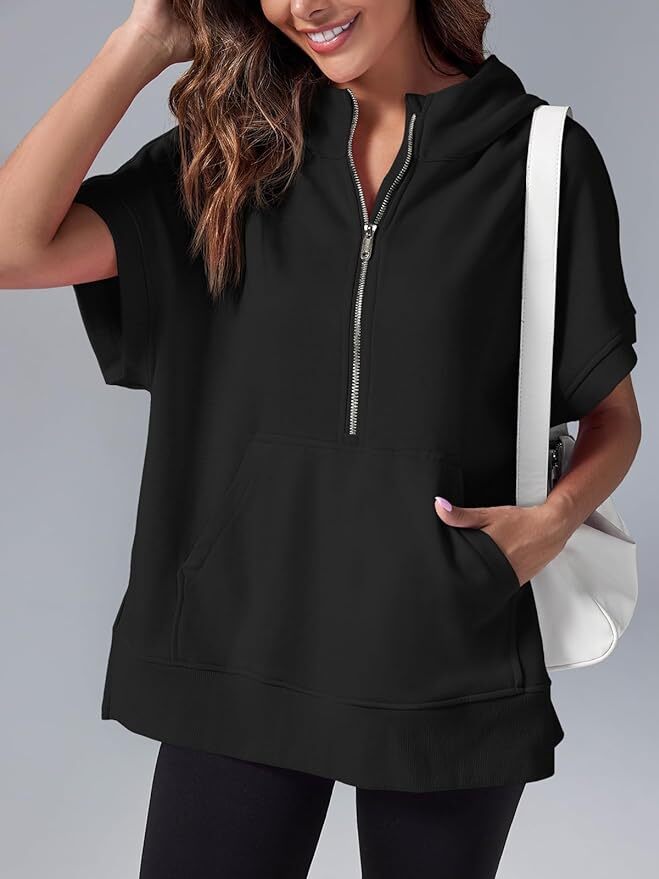 Oversized Casual Half Zip Short Sleeve Pullover Tops with Pockets(Buy 2 Free Shipping)