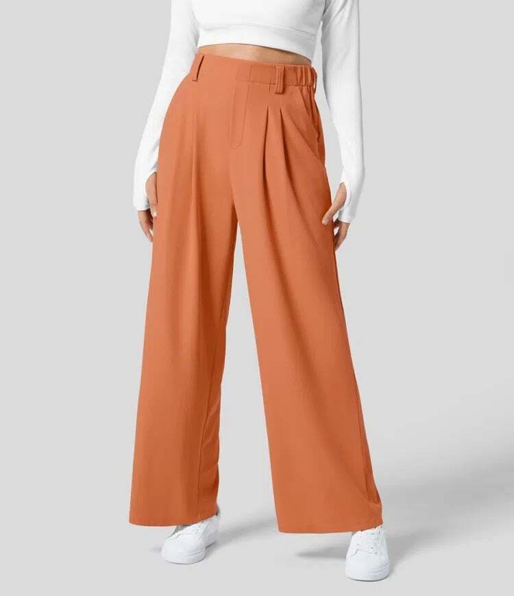 High Waisted Plicated Side Pocket Wide Leg Waffle Work Pants