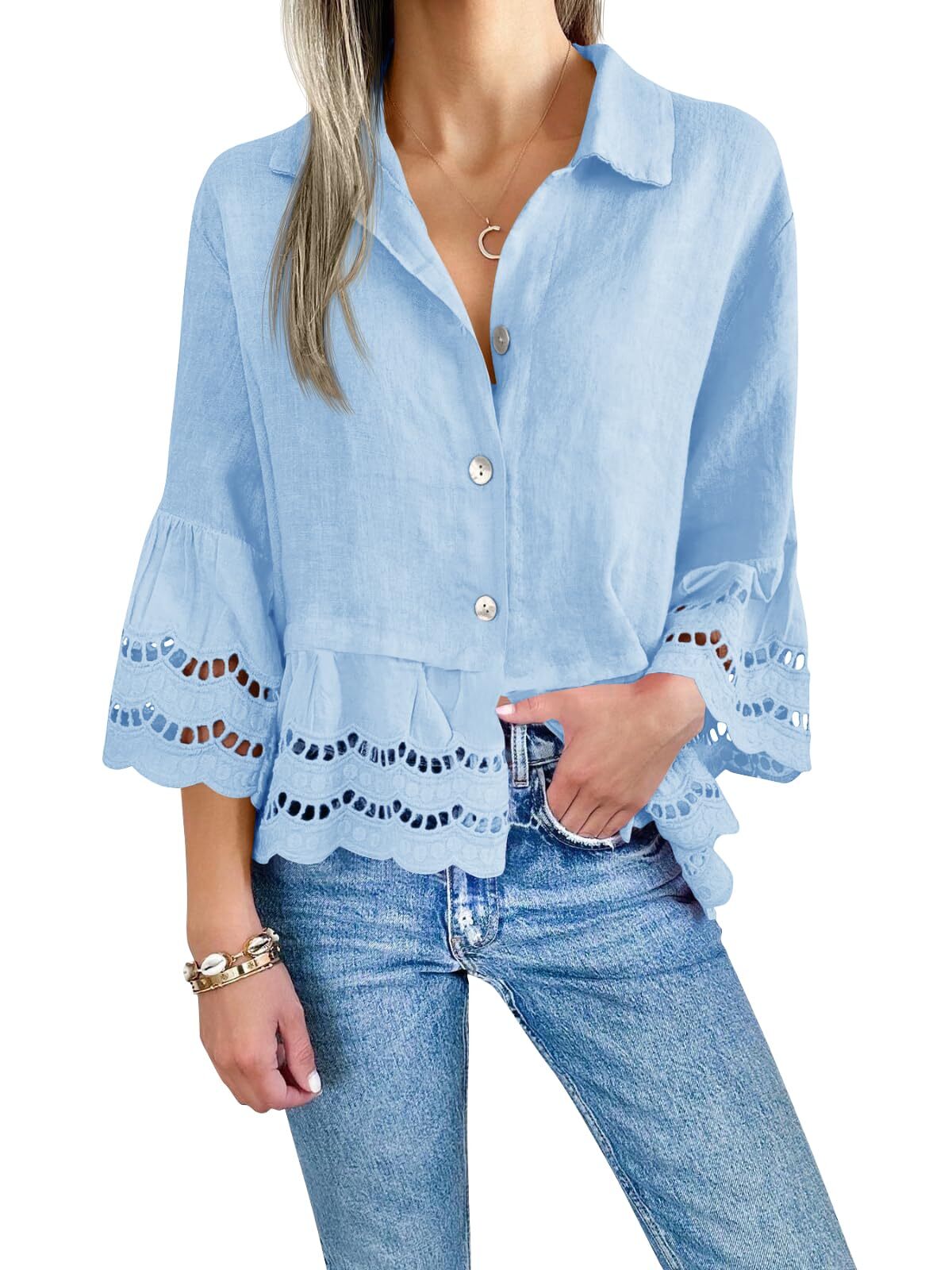 🔥Women's Hollow Out Ruffle Hem Blouse Tops