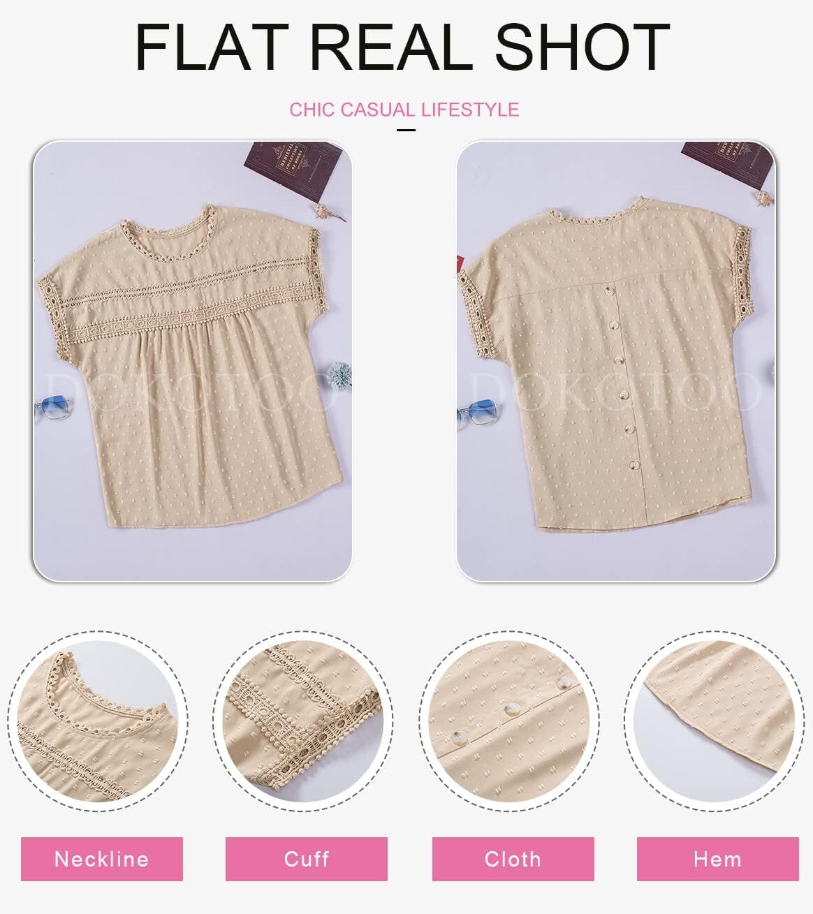 Dokotoo Womens Summer Tops Crewneck Lace Crochet Short Sleeve Shirts Casual Chiffon Blouses