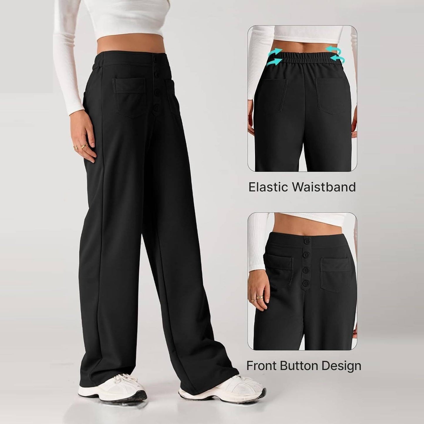 ⏰Womens High Waist Button Stretchy Work Pants Straight Leg Office Dress Pant Business Casual Trousers with Pocket