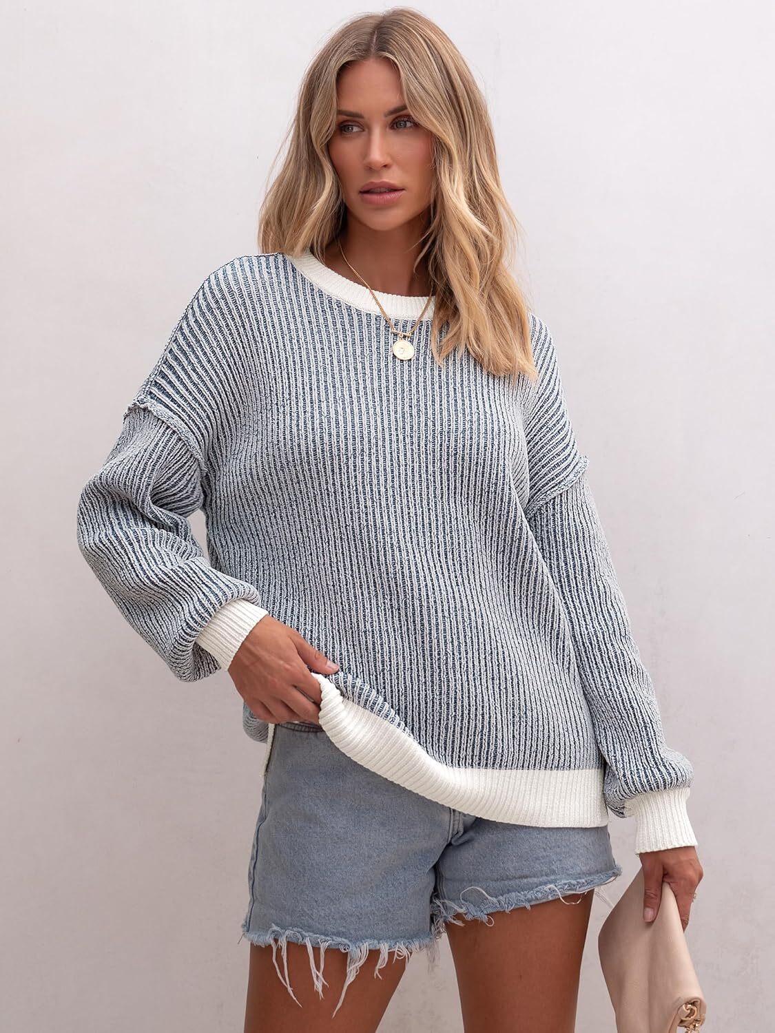 Womens Sweaters Crewneck Long Sleeve Color Block Pullover Loose Ribbed Knit Sweater Tops 2024 Fall Trendy Outfits
