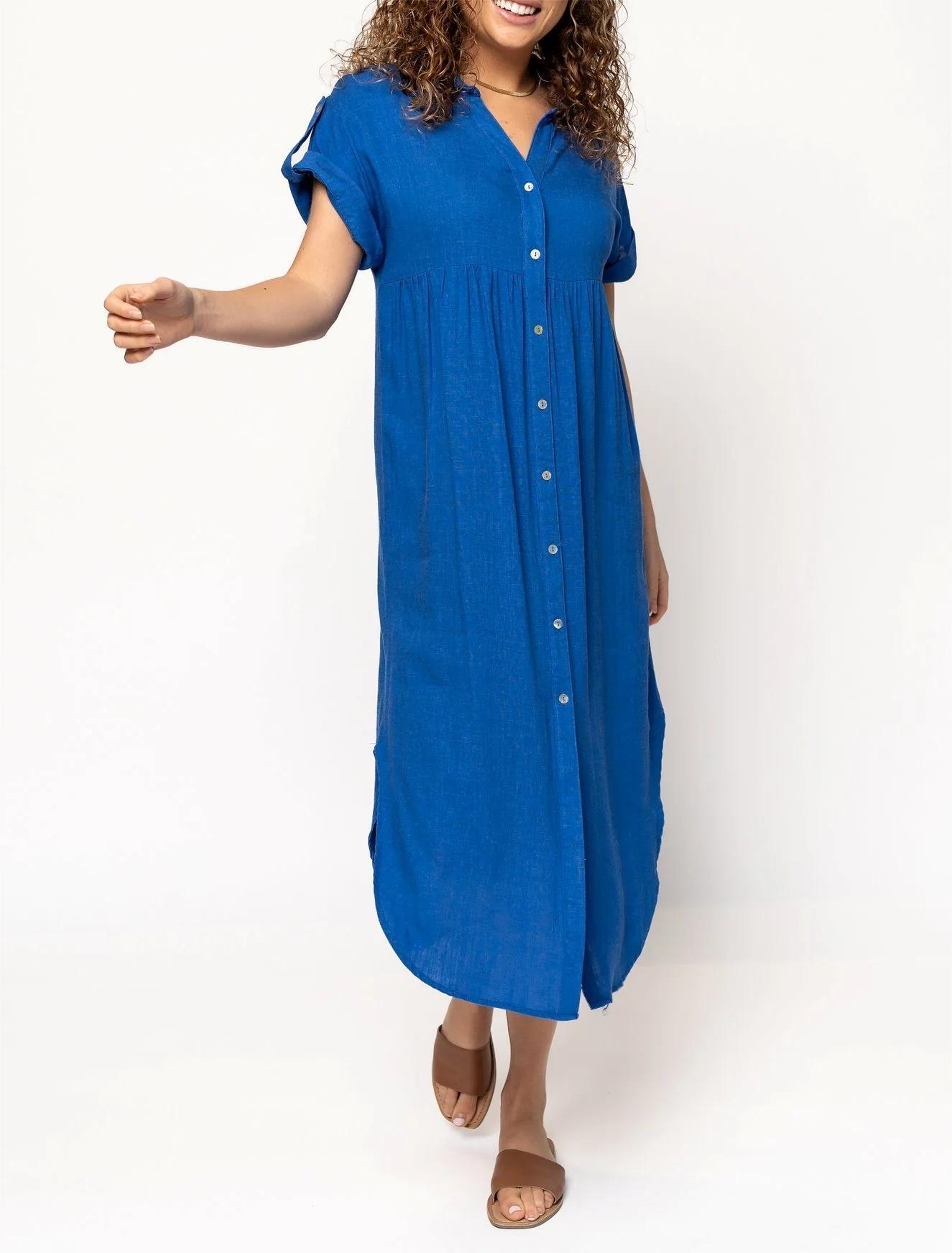 Women's Button Long Pocket Dress Slit Hem