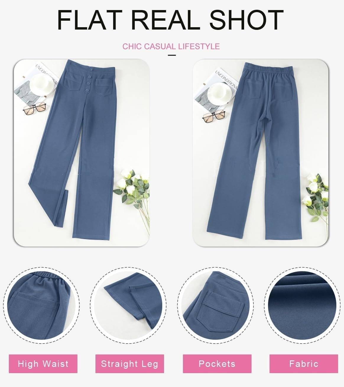 ⏰Womens High Waist Button Stretchy Work Pants Straight Leg Office Dress Pant Business Casual Trousers with Pocket