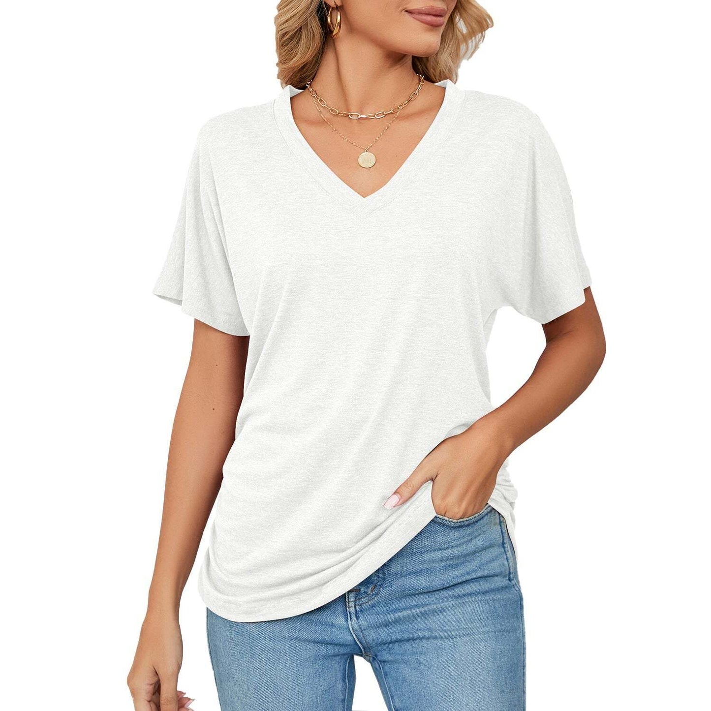 New Women's Solid Color V Neck Casual Tops
