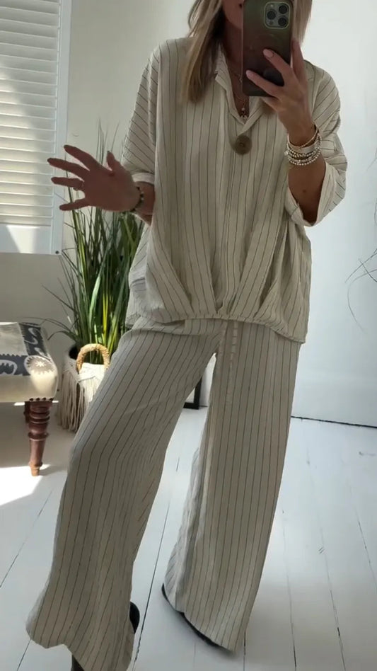 New Ladies' Collar Striped Loose Casual Suit