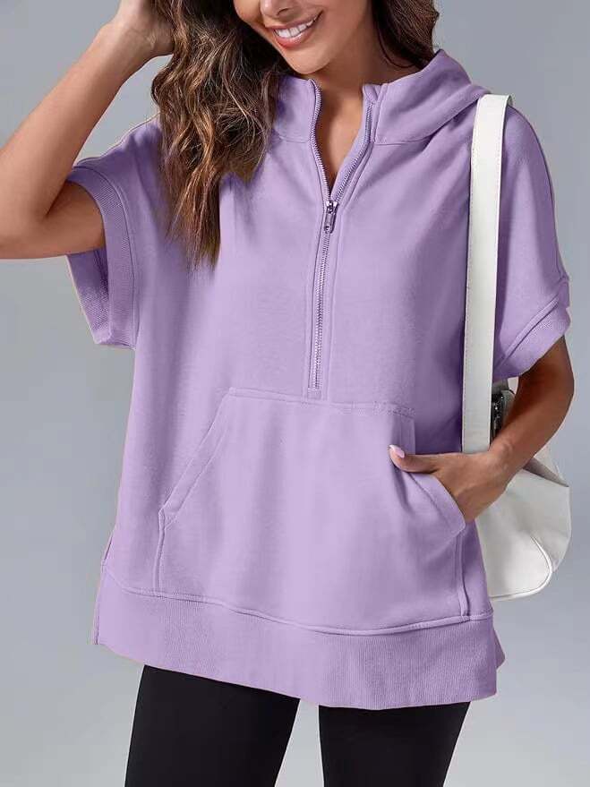 Oversized Casual Half Zip Short Sleeve Pullover Tops with Pockets(Buy 2 Free Shipping)