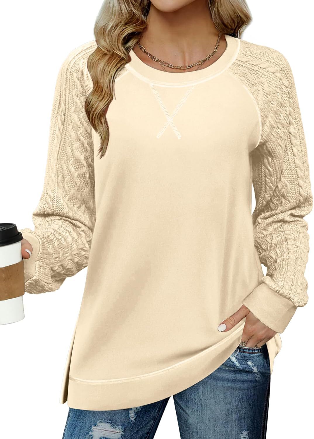 Womens  Lightweight Cable Knit Sleeve Shirts Trendy Fall Tunic Tops