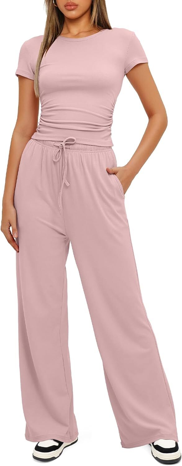 Darong Women's 2 Piece Outfits Lounge Sets Ruched Short Sleeve Tops and High Waisted Wide Leg Pants Tracksuit Sets