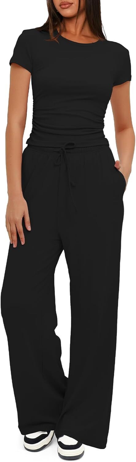 Darong Women's 2 Piece Outfits Lounge Sets Ruched Short Sleeve Tops and High Waisted Wide Leg Pants Tracksuit Sets