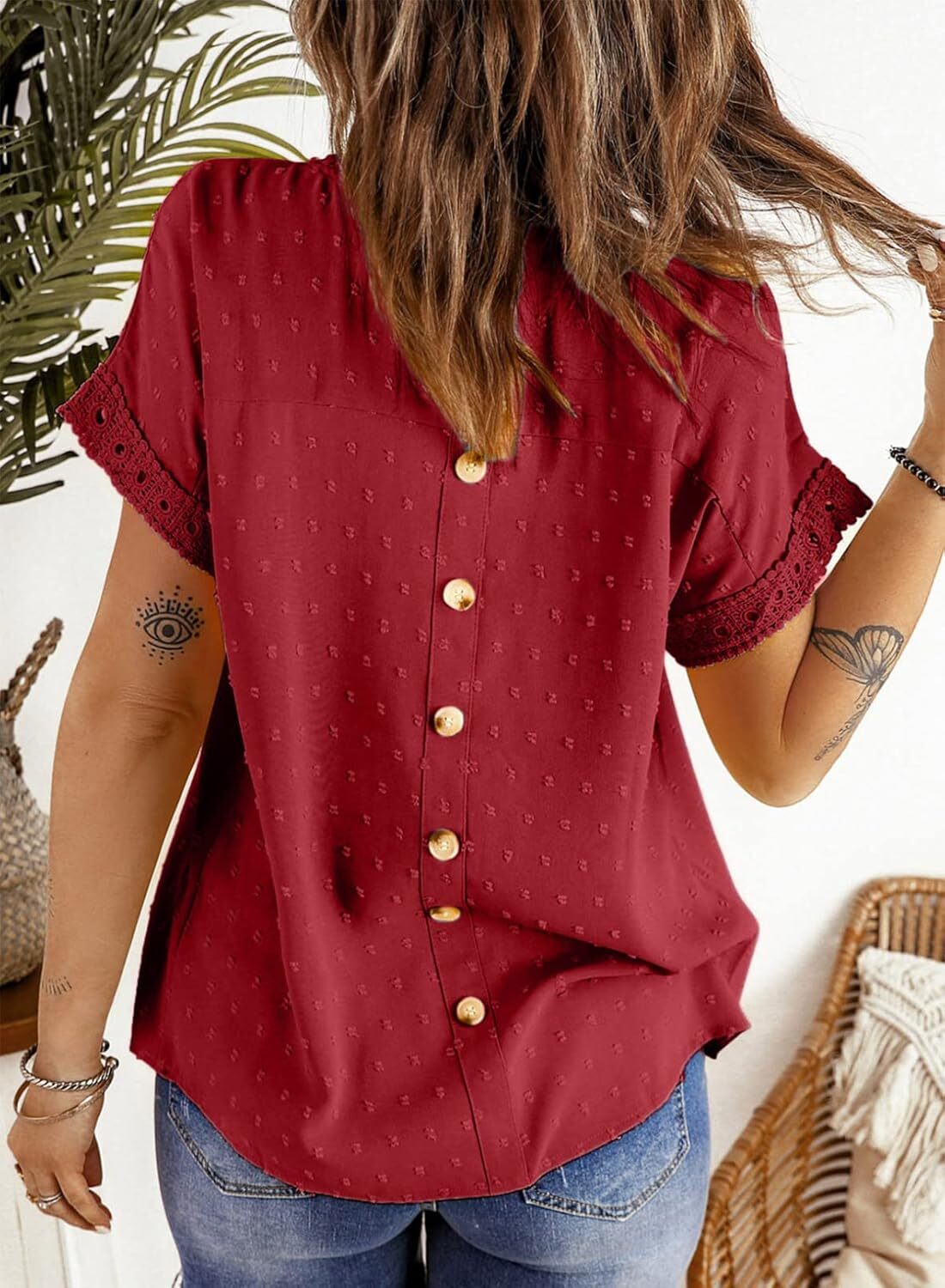 Dokotoo Womens Summer Tops Crewneck Lace Crochet Short Sleeve Shirts Casual Chiffon Blouses