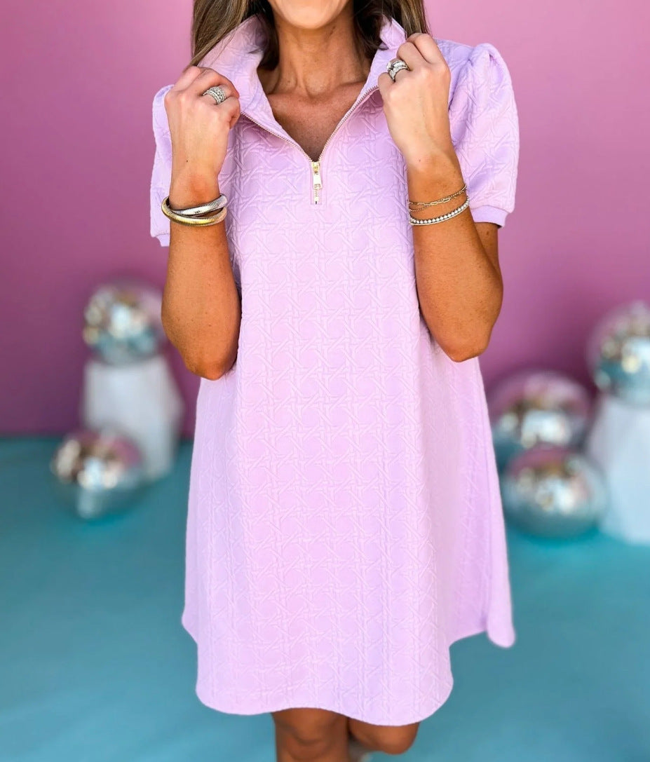 Ladies Elegant Loose Lapel Zipper Short Sleeve Dress