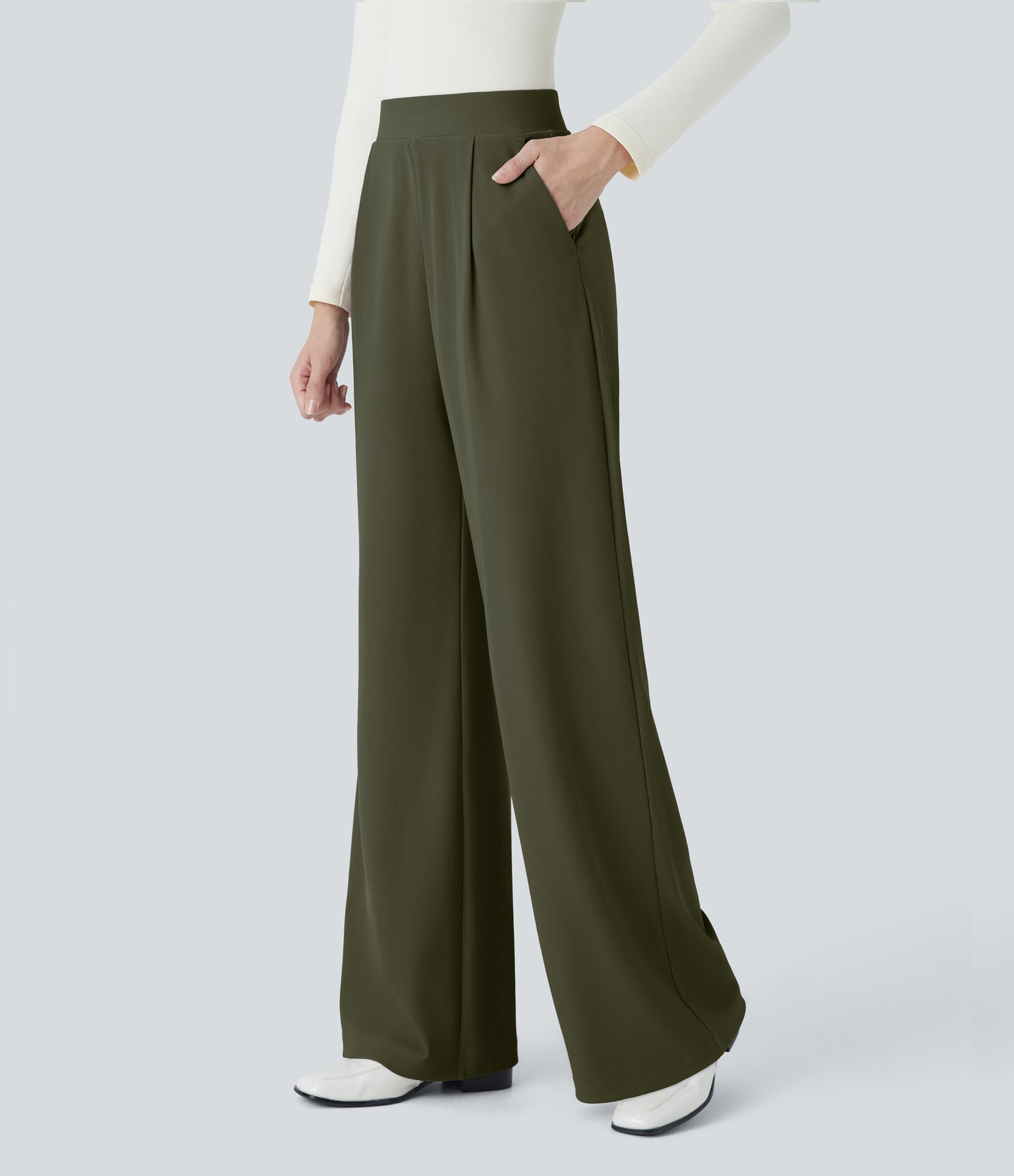 🎅Early Christmas Sale🎄High Waisted Body Sculpt Waist-Slimming Pocket Wide Leg Micro Waffle Work Pants