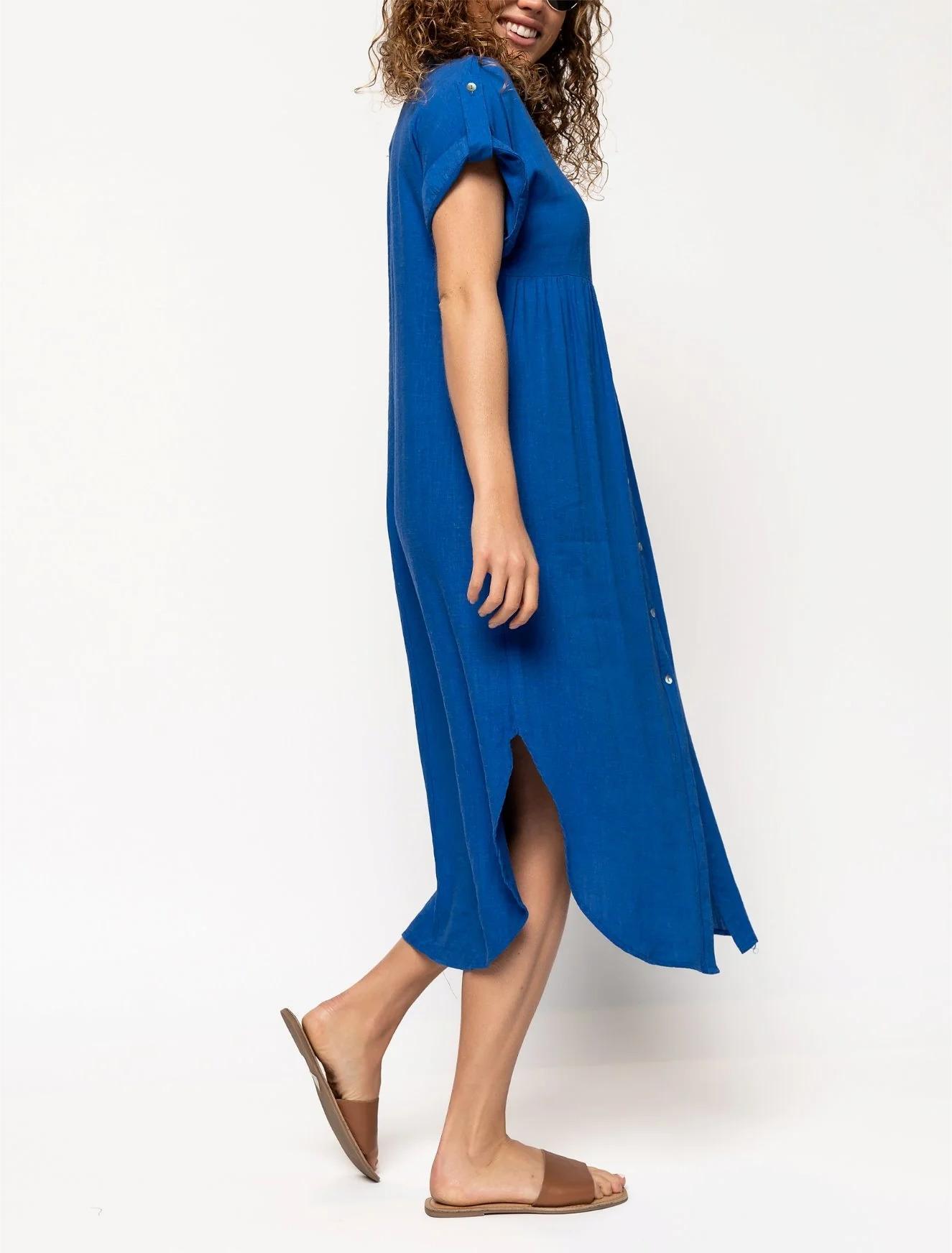 Women's Button Long Pocket Dress Slit Hem