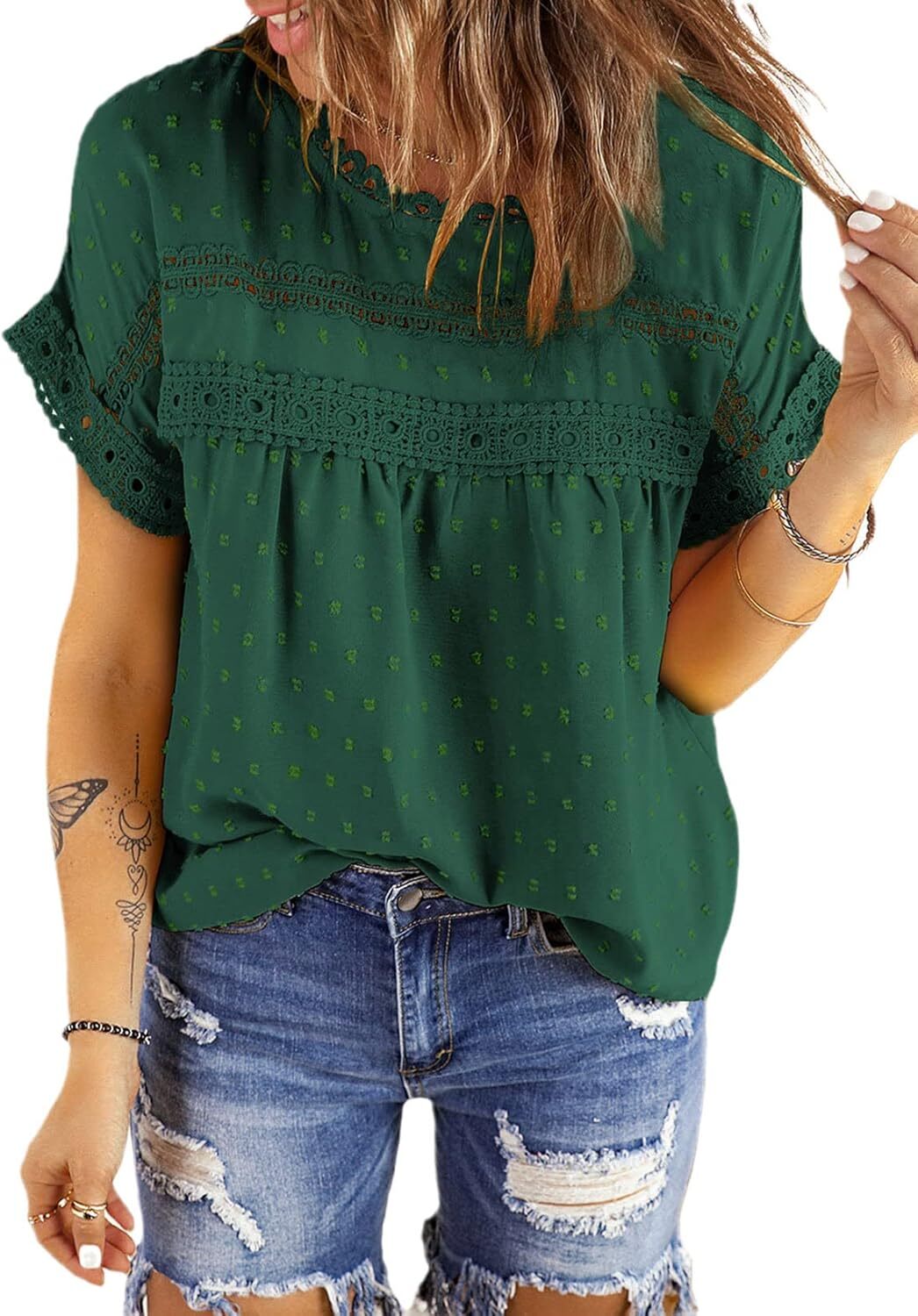 Dokotoo Womens Summer Tops Crewneck Lace Crochet Short Sleeve Shirts Casual Chiffon Blouses