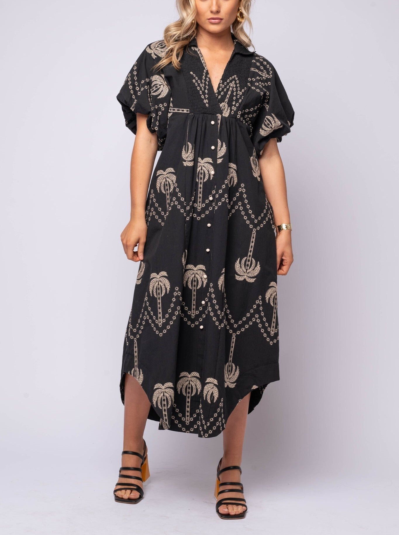 2025 Oversized Textured V-Neck Palm Tree Print Dress