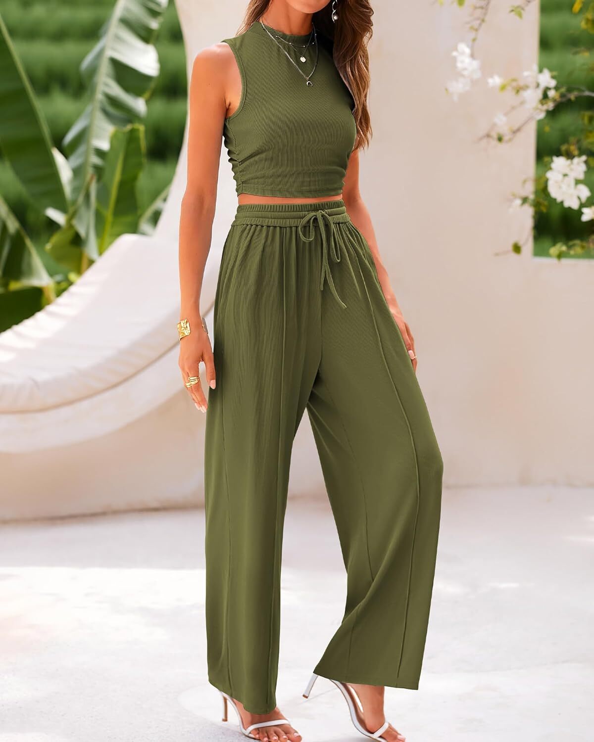 Women's Summer Beach Round Neck Sleeveless Cropped Top Elastic Waist Wide Leg Pants Lounge Set