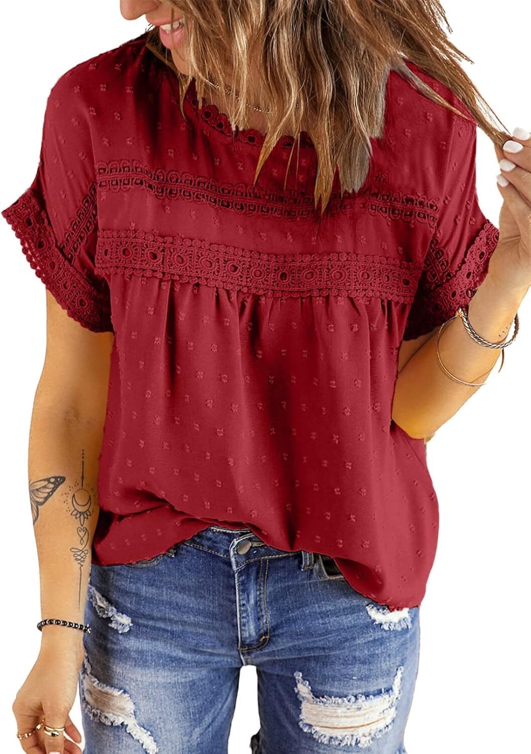 Dokotoo Womens Summer Tops Crewneck Lace Crochet Short Sleeve Shirts Casual Chiffon Blouses