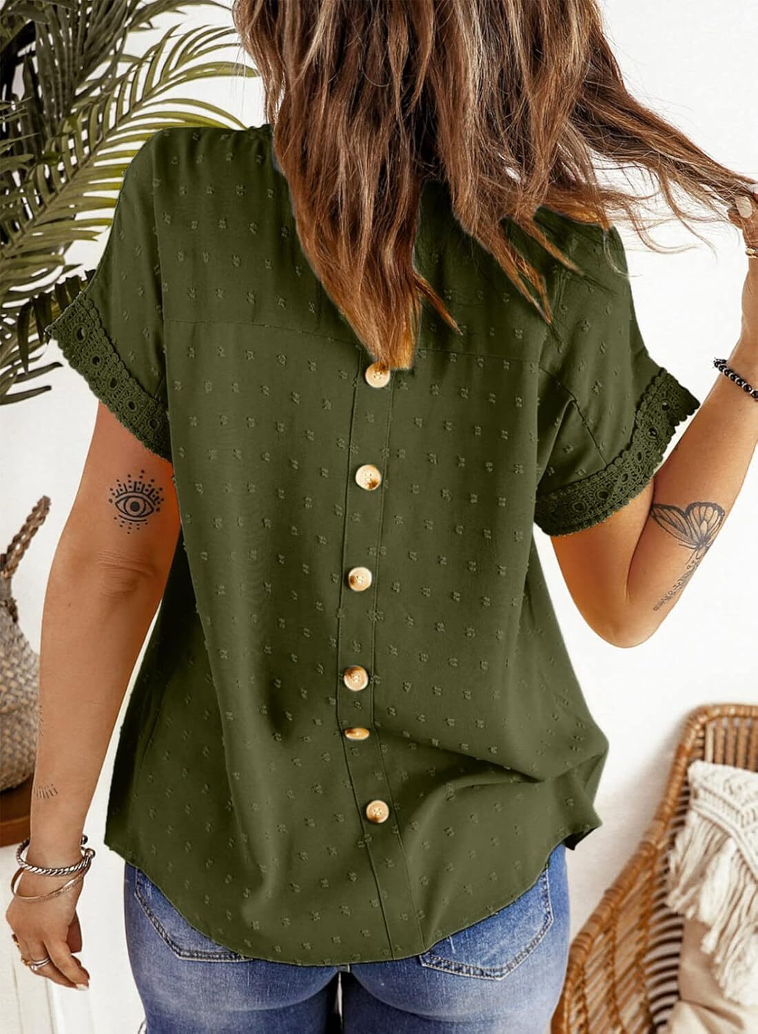 Dokotoo Womens Summer Tops Crewneck Lace Crochet Short Sleeve Shirts Casual Chiffon Blouses