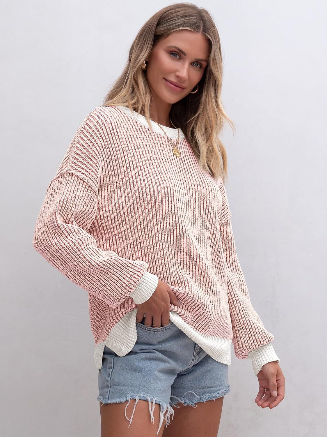 Womens Sweaters Crewneck Long Sleeve Color Block Pullover Loose Ribbed Knit Sweater Tops 2024 Fall Trendy Outfits