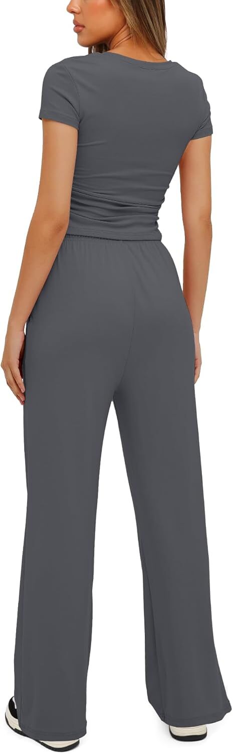 Darong Women's 2 Piece Outfits Lounge Sets Ruched Short Sleeve Tops and High Waisted Wide Leg Pants Tracksuit Sets