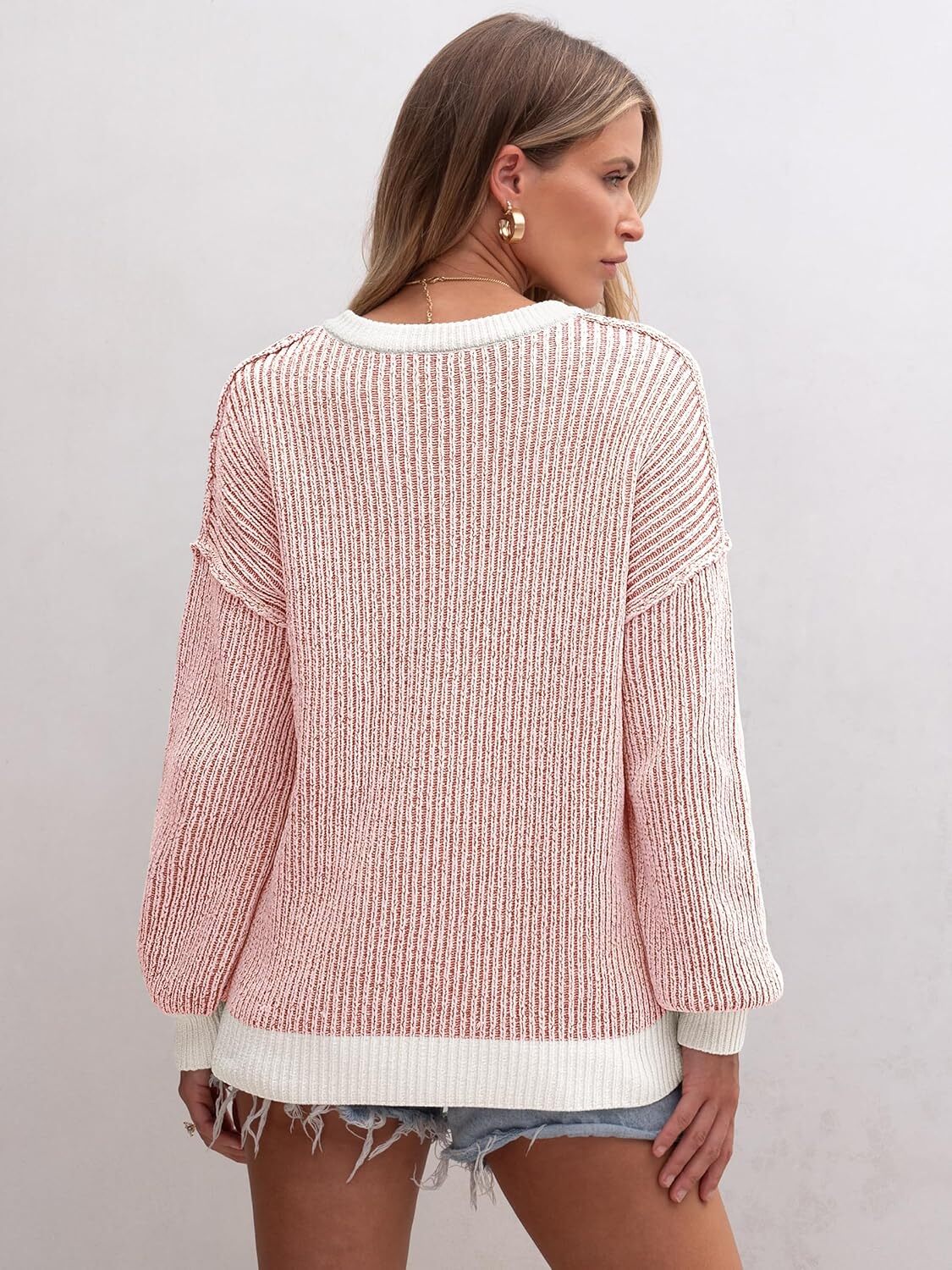 Womens Sweaters Crewneck Long Sleeve Color Block Pullover Loose Ribbed Knit Sweater Tops 2024 Fall Trendy Outfits