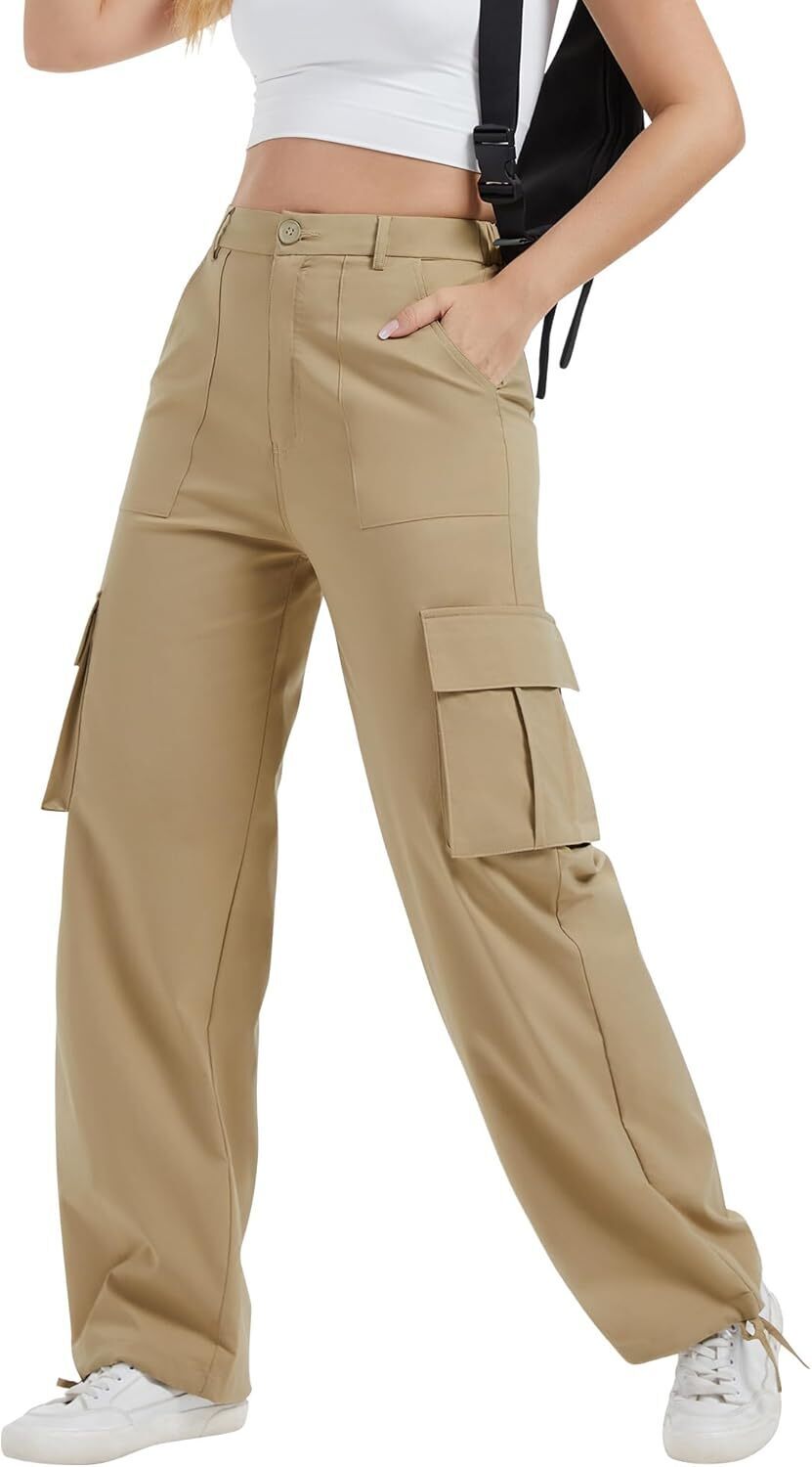 Women High Waisted Satin Cargo Pants Wide Leg Casual Pants multipocket model