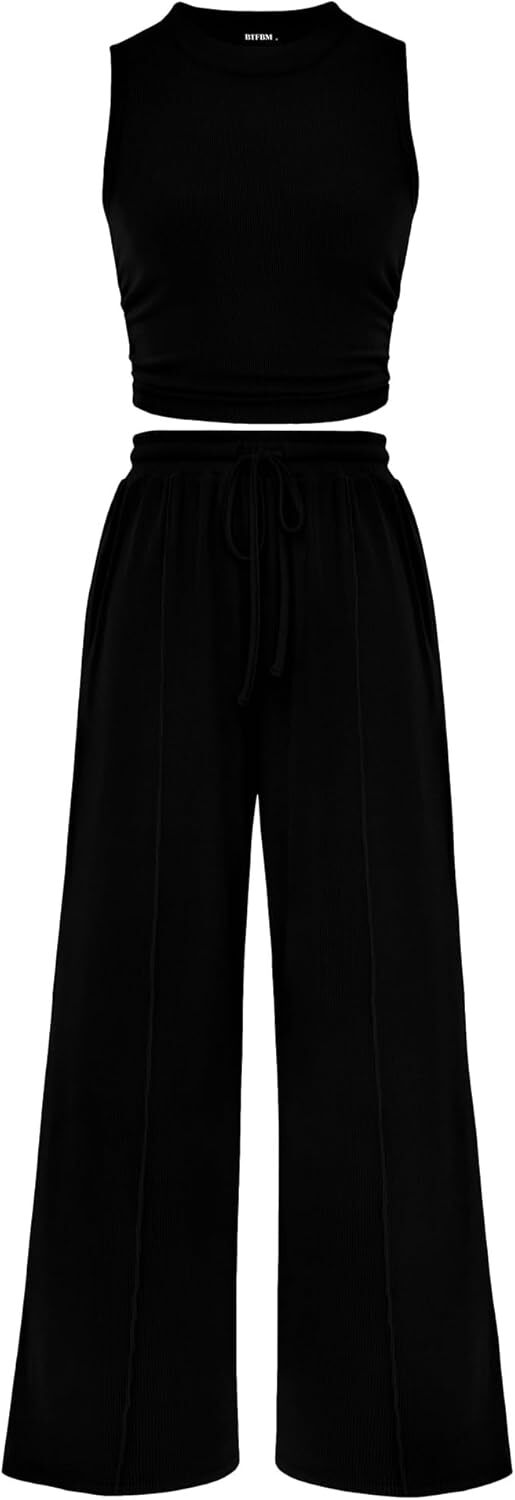 Women's Summer Beach Round Neck Sleeveless Cropped Top Elastic Waist Wide Leg Pants Lounge Set