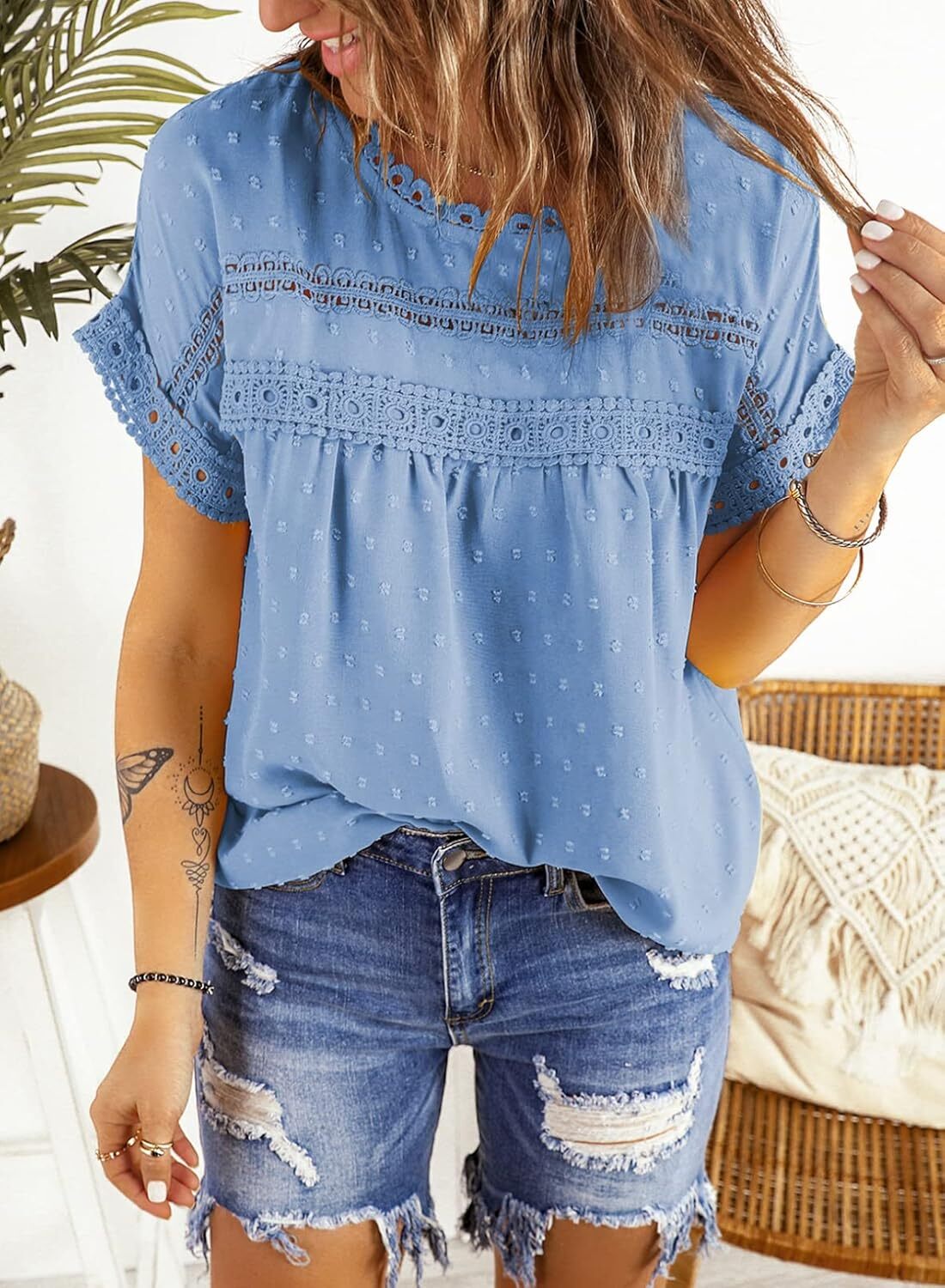 Dokotoo Womens Summer Tops Crewneck Lace Crochet Short Sleeve Shirts Casual Chiffon Blouses