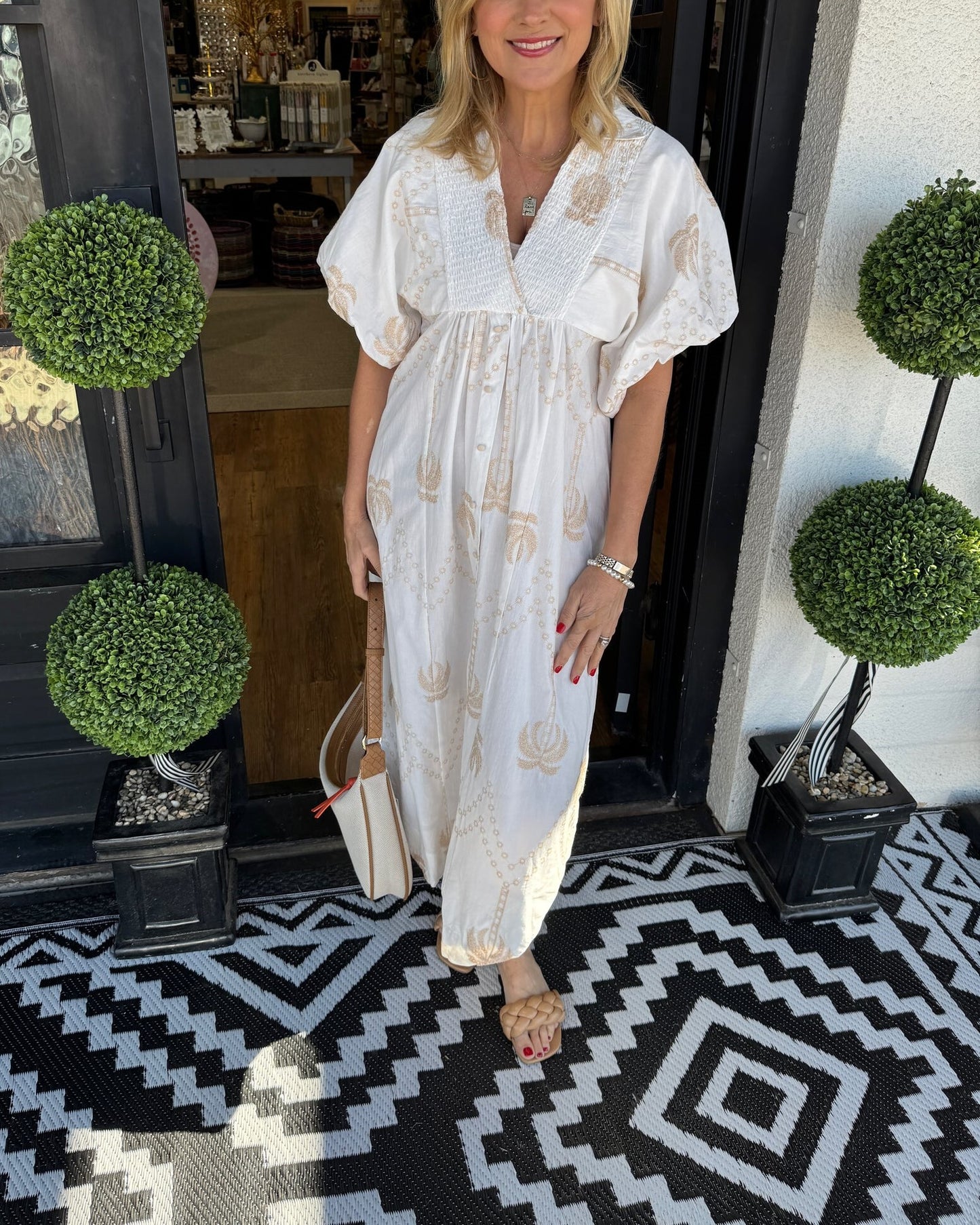 2025 Oversized Textured V-Neck Palm Tree Print Dress